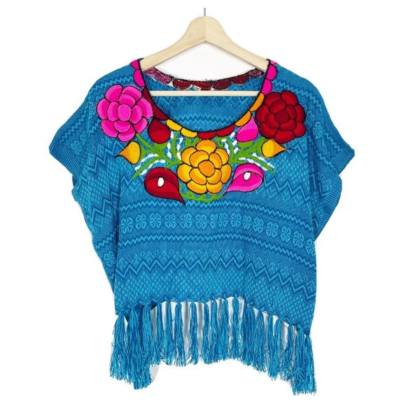 NWOT Mexican Huipil Rebozo Cropped Top Blouse Fringed Blue One Size - Picture 1 of 9
